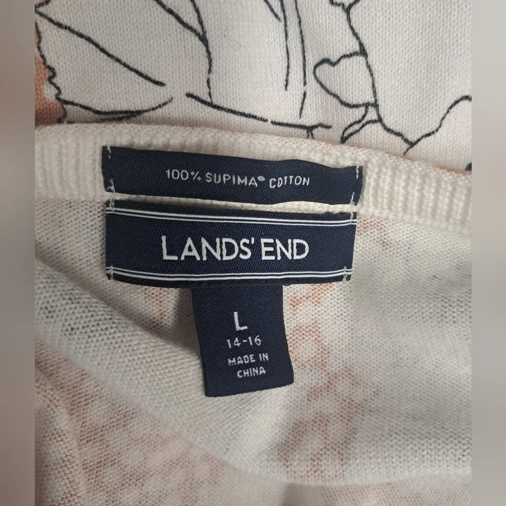 Lands End L 100% Supima Cotton Long Sleeve Cardigan Sweater Floral Stretch